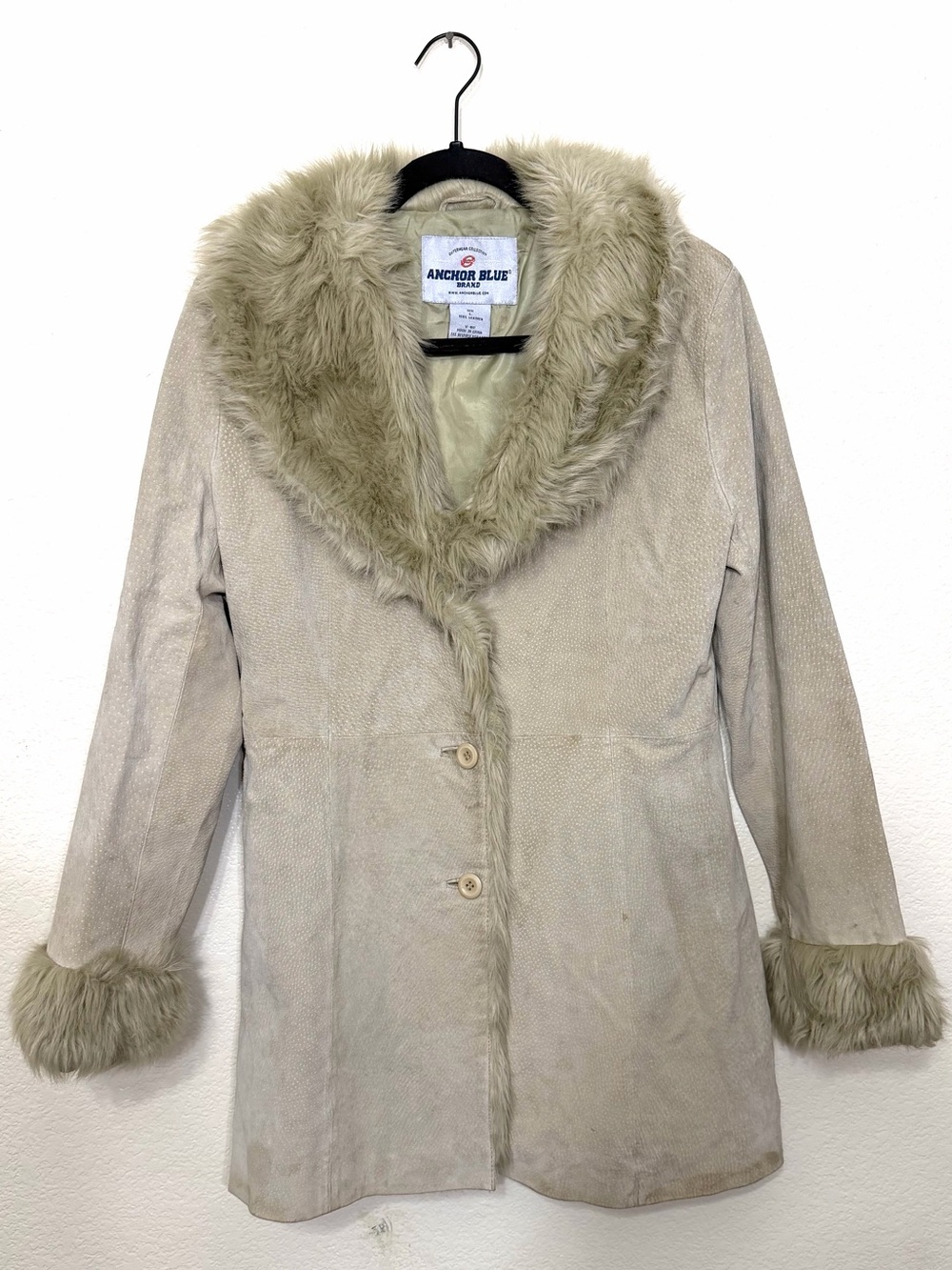 Vintage Y2K Suede Faux Fur Tan Coat Anchor Blue Size L